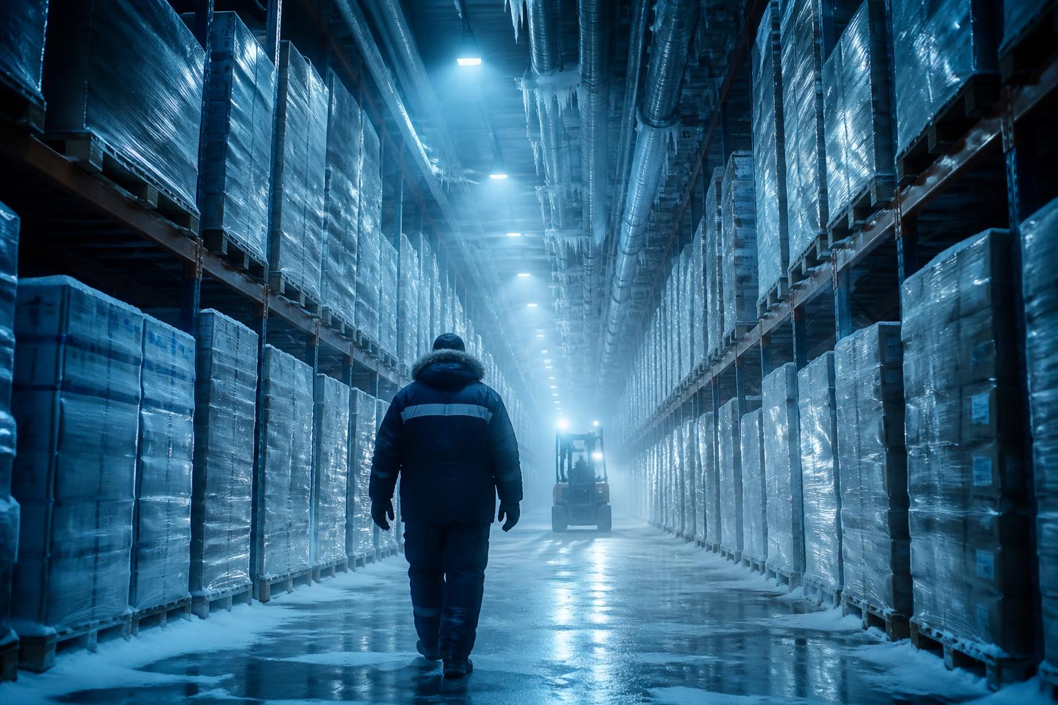 Frozen cold storage warehouse with palletized goods and refrigeration units