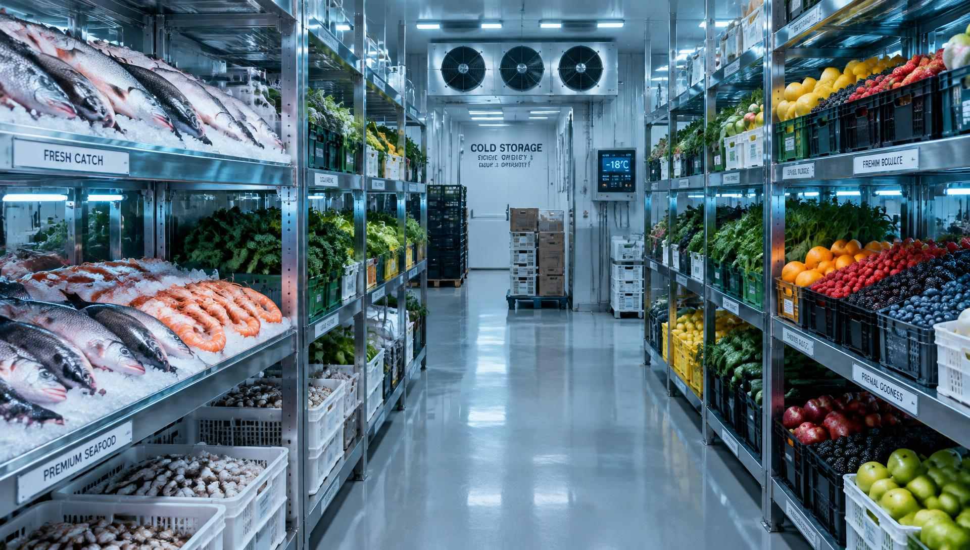 Cold storage warehouse aisle with pallet racks of fresh produce and fish on ice under frosted refrigeration pipes