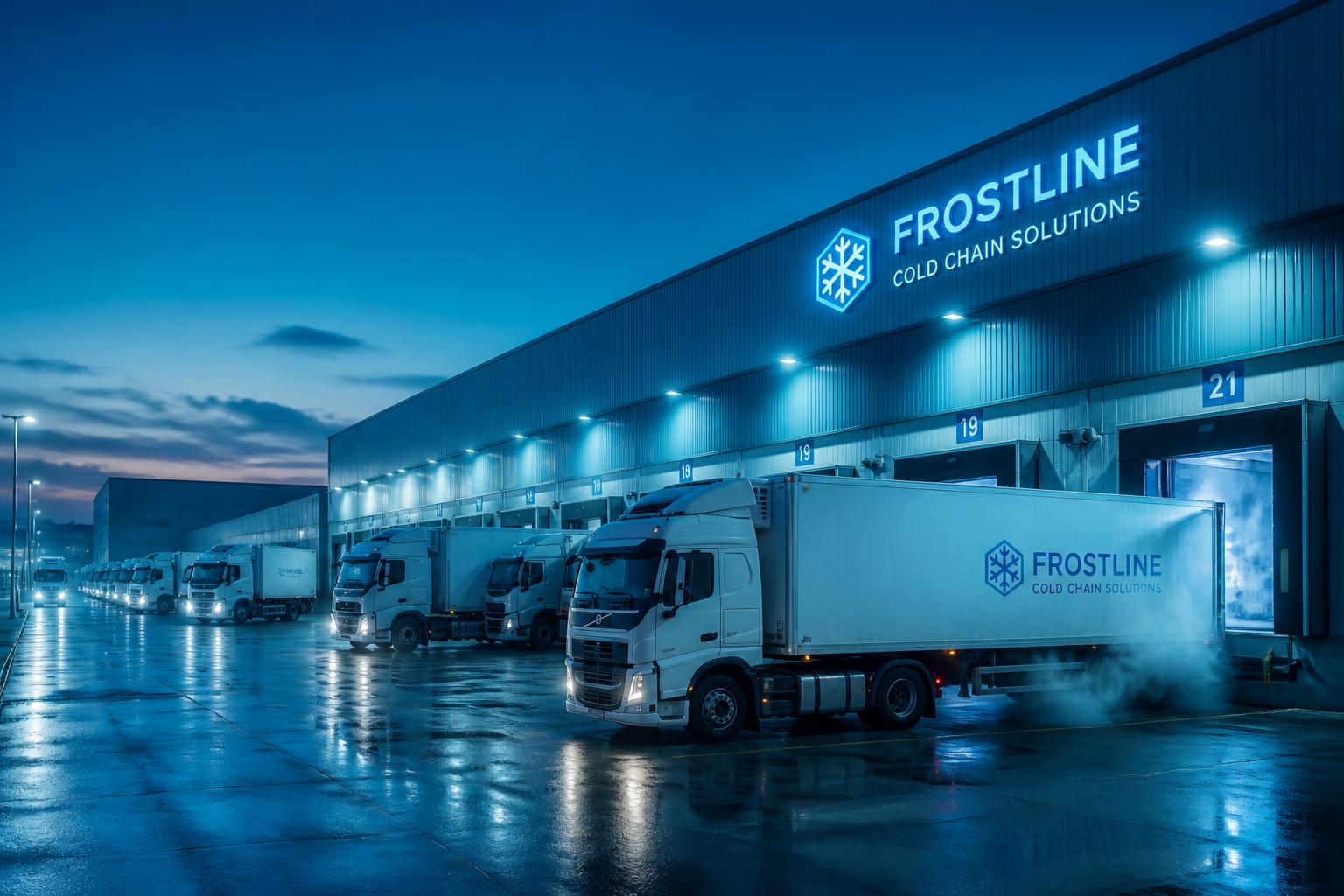Refrigerated truck fleet at a cold-chain distribution hub at blue hour