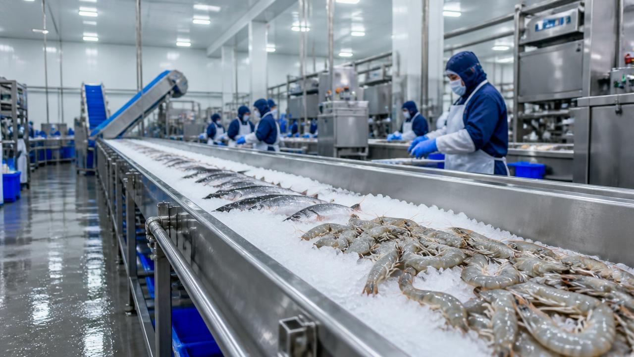 Seafood and shrimp processing line with chilled fish on ice — FishMatch Group aquaculture platform